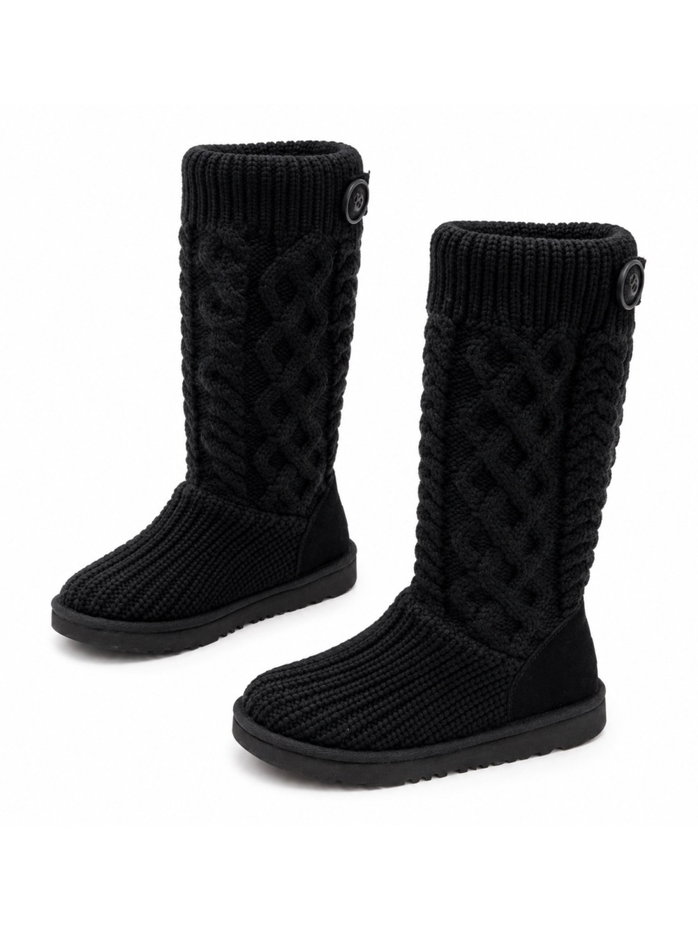 UGG Kids Black Cable Knit Button Snow Boots